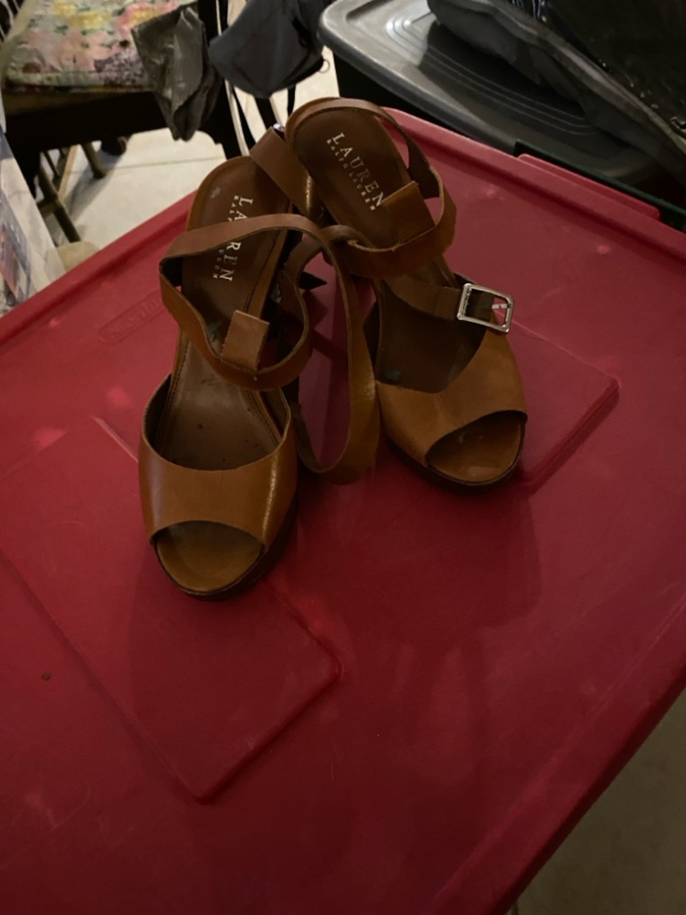 Lauren Ralph Lauren Cognac Leather Peep-Toe Wedge Sandals